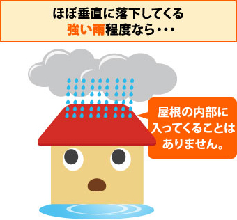 ほぼ垂直に落下してくる雨なら屋根の内部に入ってくることはありません